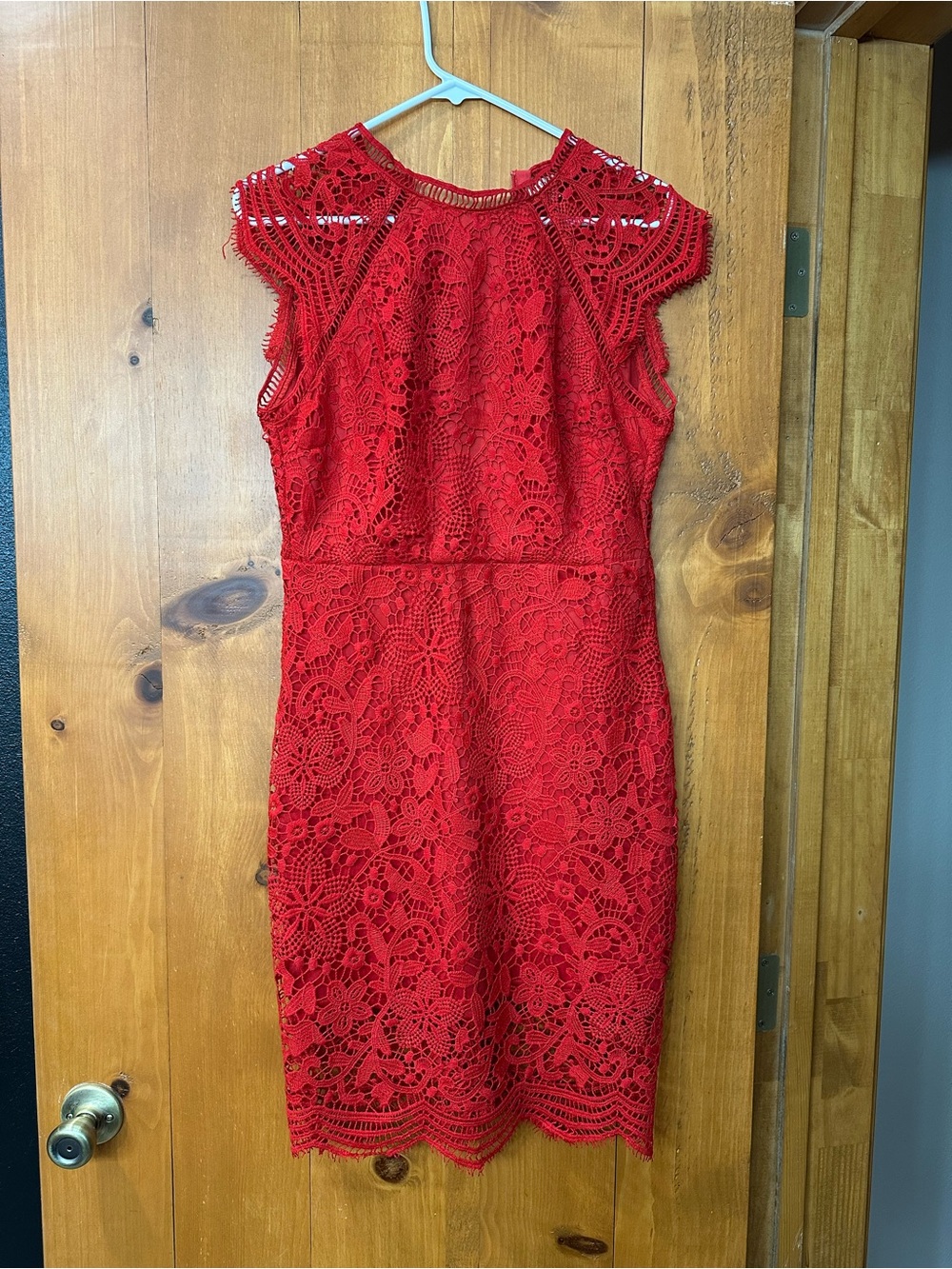 Main Strip Red Lace Midi Dress with Scalloped Hem